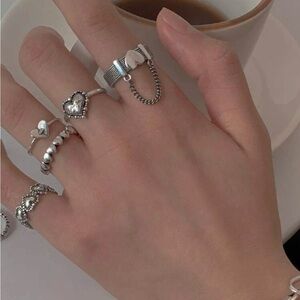SILVER 5pc Heart & Chain Ring Set